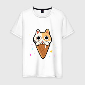 Мужская футболка хлопок с принтом Ice Cream Cat в Кировске, 100% хлопок | прямой крой, круглый вырез горловины, длина до линии бедер, слегка спущенное плечо. | animal | cat | cute | kitty | meow | друг | животные | киска | китти | кот | котенок | котик | котэ | кошечка | кошка | милый | мороженое | мур | мяу | питомец | тигр