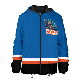 Мужская куртка 3D с принтом New York Islanders в Кировске, ткань верха — 100% полиэстер, подклад — флис | прямой крой, подол и капюшон оформлены резинкой с фиксаторами, два кармана без застежек по бокам, один большой потайной карман на груди. Карман на груди застегивается на липучку | Тематика изображения на принте: hockey | new york islanders | nhl | клюшка | лед | нхл | нью йорк айлендерс | хоккеист | хоккеисты | хоккей