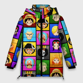 Женская зимняя куртка Oversize с принтом ONE PIECE / ВАН ПИС / ГЕРОИ в Кировске, верх — 100% полиэстер; подкладка — 100% полиэстер; утеплитель — 100% полиэстер | длина ниже бедра, силуэт Оверсайз. Есть воротник-стойка, отстегивающийся капюшон и ветрозащитная планка. 

Боковые карманы с листочкой на кнопках и внутренний карман на молнии | Тематика изображения на принте: anime | heroes | one piece | pattern | skull | wanted | аниме | ван пис | герои | манга | мультфильм | персонажи. | розыск | скелет | узор | череп | японская анимация