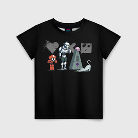 Детская футболка 3D с принтом Любовь, Смерть & Роботы в Кировске, 100% гипоаллергенный полиэфир | прямой крой, круглый вырез горловины, длина до линии бедер, чуть спущенное плечо, ткань немного тянется | cat | cats | death | logo | love | netflix | robots | анимация | кино | кот | кошка | лого | любовь | нетфликс | роботы | сериал