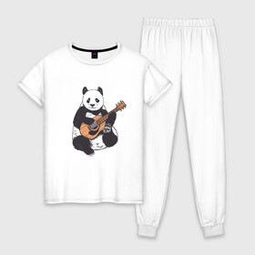 Женская пижама хлопок с принтом Панда гитарист | Panda Guitar в Кировске, 100% хлопок | брюки и футболка прямого кроя, без карманов, на брюках мягкая резинка на поясе и по низу штанин | acoustic | bear | bears | china | chineese panda | guitarist | music | акустическая гитара | гитара | китай | китайская панда | косолапый | медведь | медвежонок | милая панда | мишка | музыка | музыкант | пандочка | пандочки