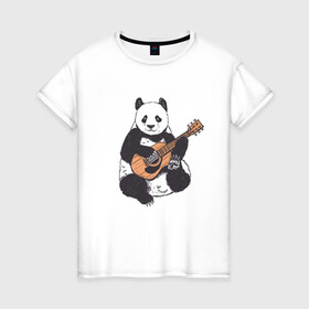 Женская футболка хлопок с принтом Панда гитарист | Panda Guitar в Кировске, 100% хлопок | прямой крой, круглый вырез горловины, длина до линии бедер, слегка спущенное плечо | Тематика изображения на принте: acoustic | bear | bears | china | chineese panda | guitarist | music | акустическая гитара | гитара | китай | китайская панда | косолапый | медведь | медвежонок | милая панда | мишка | музыка | музыкант | пандочка | пандочки