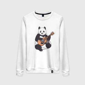 Женский свитшот хлопок с принтом Панда гитарист | Panda Guitar в Кировске, 100% хлопок | прямой крой, круглый вырез, на манжетах и по низу широкая трикотажная резинка  | Тематика изображения на принте: acoustic | bear | bears | china | chineese panda | guitarist | music | акустическая гитара | гитара | китай | китайская панда | косолапый | медведь | медвежонок | милая панда | мишка | музыка | музыкант | пандочка | пандочки