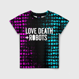 Детская футболка 3D с принтом ЛЮБОВЬ СМЕРТЬ И РОБОТЫ в Кировске, 100% гипоаллергенный полиэфир | прямой крой, круглый вырез горловины, длина до линии бедер, чуть спущенное плечо, ткань немного тянется | death | hear | ldr | logo | love | netflix | robots | smile | анимация | кино | лого | лср | любовь | нетфликс | роботы | сердце | сериал | смайл | смайлик