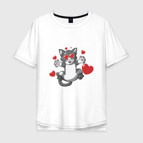 Мужская футболка хлопок Oversize с принтом Love Cat в Кировске, 100% хлопок | свободный крой, круглый ворот, “спинка” длиннее передней части | animal | cat | cute | kitty | love | meow | друг | животные | киска | китти | кот | котенок | котик | котэ | кошечка | кошка | люблю | любовь | милый | мур | мяу | питомец | сердце | тигр