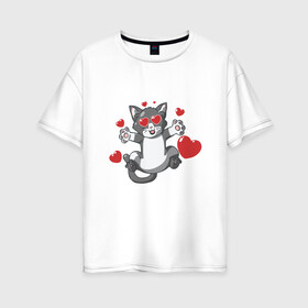 Женская футболка хлопок Oversize с принтом Love Cat в Кировске, 100% хлопок | свободный крой, круглый ворот, спущенный рукав, длина до линии бедер
 | animal | cat | cute | kitty | love | meow | друг | животные | киска | китти | кот | котенок | котик | котэ | кошечка | кошка | люблю | любовь | милый | мур | мяу | питомец | сердце | тигр
