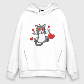 Мужское худи Oversize хлопок с принтом Love Cat в Кировске, френч-терри — 70% хлопок, 30% полиэстер. Мягкий теплый начес внутри —100% хлопок | боковые карманы, эластичные манжеты и нижняя кромка, капюшон на магнитной кнопке | Тематика изображения на принте: animal | cat | cute | kitty | love | meow | друг | животные | киска | китти | кот | котенок | котик | котэ | кошечка | кошка | люблю | любовь | милый | мур | мяу | питомец | сердце | тигр