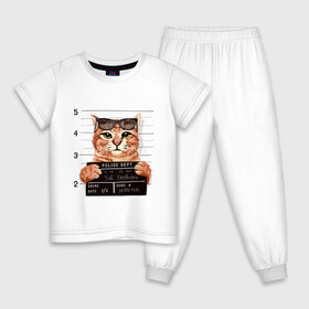 Детская пижама хлопок с принтом РУТОЙ КОТ В ОЧКАХ ЗАКЛЮЧЕННЫЙ в Кировске, 100% хлопок |  брюки и футболка прямого кроя, без карманов, на брюках мягкая резинка на поясе и по низу штанин
 | cat | cats | cool | cute | funny | kitten | kitty | meow | pet | prisoner | в очках | заключенный | кот | котик | коты | кошка | кошки | милый