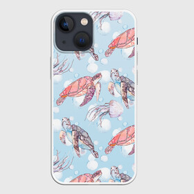Чехол для iPhone 13 mini с принтом подводный мир черепахи медузы в Кировске,  |  | биология | зоология | лето | медузы | море | океан | отдых | подводный мир | пузырьки | черепахи