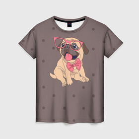Женская футболка 3D с принтом Мопс в очках в Кировске, 100% полиэфир ( синтетическое хлопкоподобное полотно) | прямой крой, круглый вырез горловины, длина до линии бедер | бульдог | бульдоги | в горошек | животное | золото | мопс | мопсики | пес | порода | собака | собачки