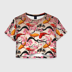 Женская футболка Crop-top 3D с принтом Рыбы в Кировске, 100% полиэстер | круглая горловина, длина футболки до линии талии, рукава с отворотами | Тематика изображения на принте: волны | искусство | мальчик | рыба | рыбы | цветок | цветы