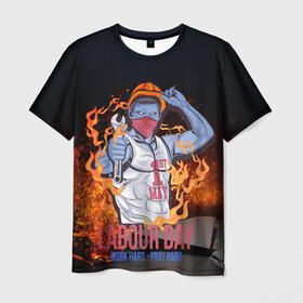 Мужская футболка 3D с принтом Work hard в Кировске, 100% полиэфир | прямой крой, круглый вырез горловины, длина до линии бедер | 1 мая | весна | день труда | лозунги | май | мир | первомай | рабочие | труд