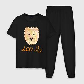 Мужская пижама хлопок с принтом Лев знак зодиака голова льва в Кировске, 100% хлопок | брюки и футболка прямого кроя, без карманов, на брюках мягкая резинка на поясе и по низу штанин
 | Тематика изображения на принте: акварель | голова льва | желтый | знак зодиака | лев | оранжевый