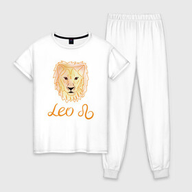 Женская пижама хлопок с принтом Лев, знак зодиака, голова льва в Кировске, 100% хлопок | брюки и футболка прямого кроя, без карманов, на брюках мягкая резинка на поясе и по низу штанин | акварель | голова льва | желтый | знак зодиака | лев | оранжевый