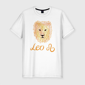 Мужская футболка хлопок Slim с принтом Лев, знак зодиака, голова льва в Кировске, 92% хлопок, 8% лайкра | приталенный силуэт, круглый вырез ворота, длина до линии бедра, короткий рукав | акварель | голова льва | желтый | знак зодиака | лев | оранжевый