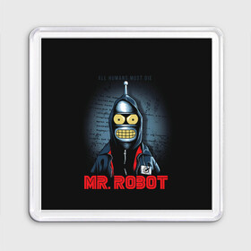 Магнит 55*55 с принтом Bender x mr robot в Кировске, Пластик | Размер: 65*65 мм; Размер печати: 55*55 мм | bender | futurama | mr robot | planet express | бендер | мистер робот | мульт | мультфильм | планетный экспресс | туранга лила | филипп джэй фрай | футурама