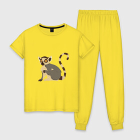 Женская пижама хлопок с принтом Удивлённый Кошачий Лемур в Кировске, 100% хлопок | брюки и футболка прямого кроя, без карманов, на брюках мягкая резинка на поясе и по низу штанин | art | cute lemur | illustration | lemur | madagascar | monkey | арт | иллюстрация | лемуровые | мадагаскар | мартышка | милый лемур | обезьянка | полуобезьяна | примат | приматы | рисунок