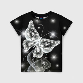 Детская футболка 3D с принтом Белая бабочка в Кировске, 100% гипоаллергенный полиэфир | прямой крой, круглый вырез горловины, длина до линии бедер, чуть спущенное плечо, ткань немного тянется | бабочка | блестки | блестящая бабочка | черно белое