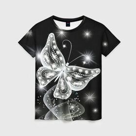 Женская футболка 3D с принтом Белая бабочка в Кировске, 100% полиэфир ( синтетическое хлопкоподобное полотно) | прямой крой, круглый вырез горловины, длина до линии бедер | бабочка | блестки | блестящая бабочка | черно белое