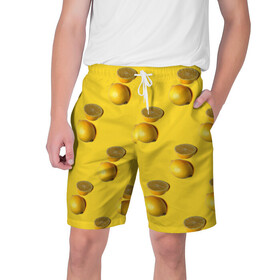 Мужские шорты 3D с принтом Летние лимоны в Кировске,  полиэстер 100% | прямой крой, два кармана без застежек по бокам. Мягкая трикотажная резинка на поясе, внутри которой широкие завязки. Длина чуть выше колен | желтый | лето | лимон | паттерн | сочный | цитрус