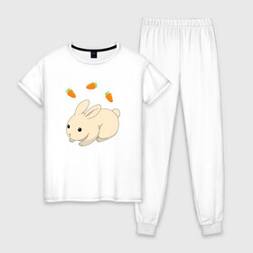 Женская пижама хлопок с принтом кролик с морковкой в Кировске, 100% хлопок | брюки и футболка прямого кроя, без карманов, на брюках мягкая резинка на поясе и по низу штанин | аниме | грызун | домашнее животное | животное | кролик | морковь | овощ | питомец