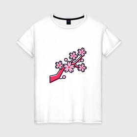 Женская футболка хлопок с принтом Ветка сакуры в Кировске, 100% хлопок | прямой крой, круглый вырез горловины, длина до линии бедер, слегка спущенное плечо | весна | любовь | праздник | цветение | цветы | япония