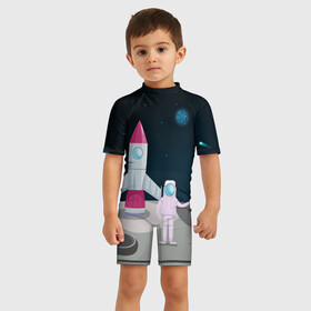 Детский купальный костюм 3D с принтом Астронавт покоряет космос в Кировске, Полиэстер 85%, Спандекс 15% | застежка на молнии на спине | astronaut | moon | planets | rocket | shuttle | space | stars | звёзды | космонавт | космос | луна | планеты | ракета | шаттл