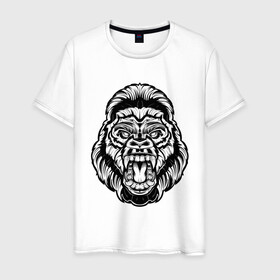 Мужская футболка хлопок с принтом Злая Горилла в Кировске, 100% хлопок | прямой крой, круглый вырез горловины, длина до линии бедер, слегка спущенное плечо. | animal | beast | gorilla | monkey | горилла | животные | зверь | конг | обезьяна | природа | хищник