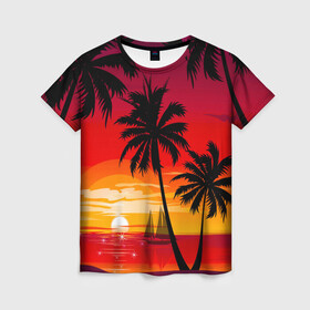 Женская футболка 3D с принтом Гавайский закат в Кировске, 100% полиэфир ( синтетическое хлопкоподобное полотно) | прямой крой, круглый вырез горловины, длина до линии бедер | гавайи | закат | корабль | лето | море | отдых | пальмы | пейзаж | песок | пляж | природа | тропики