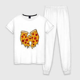 Женская пижама хлопок с принтом Wu-Tang Pizza в Кировске, 100% хлопок | брюки и футболка прямого кроя, без карманов, на брюках мягкая резинка на поясе и по низу штанин | black | hiphop | method man | music | new york | nyc | odb | old school | pizza | rap | rza | wu tang clan | wutang | ву тэнг | граффити | микрофон | музыка | нью йорк | пицца | рэп | рэпер | хипхоп