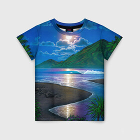 Детская футболка 3D с принтом Гавайский пейзаж в Кировске, 100% гипоаллергенный полиэфир | прямой крой, круглый вырез горловины, длина до линии бедер, чуть спущенное плечо, ткань немного тянется | Тематика изображения на принте: гавайи | корабль | лето | море | отдых | пальмы | пейзаж | песок | пляж | природа | тропики