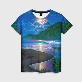 Женская футболка 3D с принтом Гавайский пейзаж в Кировске, 100% полиэфир ( синтетическое хлопкоподобное полотно) | прямой крой, круглый вырез горловины, длина до линии бедер | гавайи | корабль | лето | море | отдых | пальмы | пейзаж | песок | пляж | природа | тропики