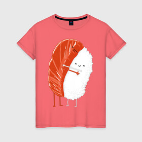 Женская футболка хлопок с принтом Суши в Кировске, 100% хлопок | прямой крой, круглый вырез горловины, длина до линии бедер, слегка спущенное плечо | обнимаются | роллы | суши