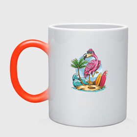 Кружка хамелеон с принтом Фламинго на пляже в Кировске, керамика | меняет цвет при нагревании, емкость 330 мл | beach | palm | sea | summer | волны | жара | летние | лето | море | пальмы | пляж | серфинг | фламинго
