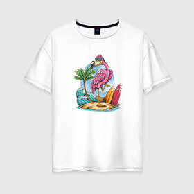 Женская футболка хлопок Oversize с принтом Фламинго на пляже в Кировске, 100% хлопок | свободный крой, круглый ворот, спущенный рукав, длина до линии бедер
 | beach | palm | sea | summer | волны | жара | летние | лето | море | пальмы | пляж | серфинг | фламинго