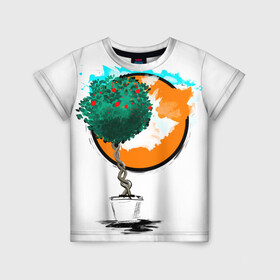 Детская футболка 3D с принтом Дерево (рисунок красками) в Кировске, 100% гипоаллергенный полиэфир | прямой крой, круглый вырез горловины, длина до линии бедер, чуть спущенное плечо, ткань немного тянется | дерево | зеленый | зелень | искусство | краски | оранжевый | пейзаж | растение | рисунок | современный дизайн | современный стиль | солнце