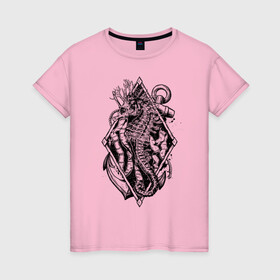 Женская футболка хлопок с принтом Морской конёк в Кировске, 100% хлопок | прямой крой, круглый вырез горловины, длина до линии бедер, слегка спущенное плечо | морской конек | черно белое | якорь