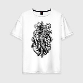 Женская футболка хлопок Oversize с принтом Морской конёк в Кировске, 100% хлопок | свободный крой, круглый ворот, спущенный рукав, длина до линии бедер
 | морской конек | черно белое | якорь