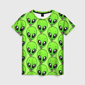 Женская футболка 3D с принтом Инопланетяне в Кировске, 100% полиэфир ( синтетическое хлопкоподобное полотно) | прямой крой, круглый вырез горловины, длина до линии бедер | детская | зелёный человек | инопланетяне | инопланетянин | кислотно зеленая | летняя | лето | нло | пришелец | пришельцы | солнце | язык