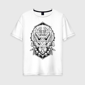 Женская футболка хлопок Oversize с принтом Трицераптос в Кировске, 100% хлопок | свободный крой, круглый ворот, спущенный рукав, длина до линии бедер
 | динозавр | охотник | трицератопс | черно белое