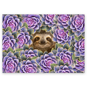 Поздравительная открытка с принтом Ленивец среди цветов в Кировске, 100% бумага | плотность бумаги 280 г/м2, матовая, на обратной стороне линовка и место для марки
 | flower | flowers | ленивец | цветок | цветы