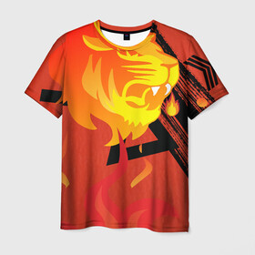 Мужская футболка 3D с принтом Огненный лев в Кировске, 100% полиэфир | прямой крой, круглый вырез горловины, длина до линии бедер | Тематика изображения на принте: красный | лев | линии | огненный | огонь | пламя | рисунки