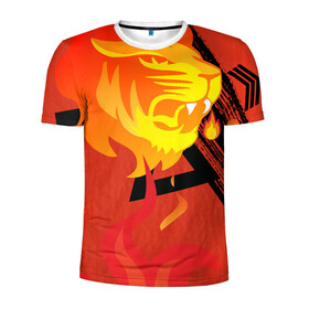 Мужская футболка 3D спортивная с принтом Огненный лев в Кировске, 100% полиэстер с улучшенными характеристиками | приталенный силуэт, круглая горловина, широкие плечи, сужается к линии бедра | красный | лев | линии | огненный | огонь | пламя | рисунки