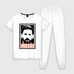 Женская пижама хлопок с принтом Obey Messi в Кировске, 100% хлопок | брюки и футболка прямого кроя, без карманов, на брюках мягкая резинка на поясе и по низу штанин | argentina | barca | barcelona | football | lionel | messi | spain | sport | аргентина | барса | барселона | гол | золотой мяч | игрок | испания | камп ноу | лионель | месси | мяч | спорт | тренер | футбол | чемпион | чемпионат