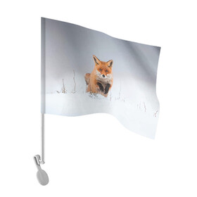 Флаг для автомобиля с принтом Лисица прыгает по снегу в Кировске, 100% полиэстер | Размер: 30*21 см | fox | foxy | животное | звери | лиса | лисенок | лисичка | милая | рыжая | фокс
