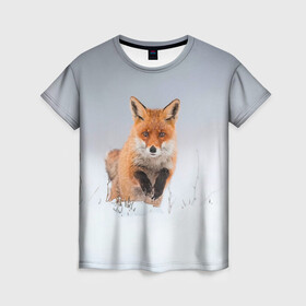 Женская футболка 3D с принтом Лисица прыгает по снегу в Кировске, 100% полиэфир ( синтетическое хлопкоподобное полотно) | прямой крой, круглый вырез горловины, длина до линии бедер | fox | foxy | животное | звери | лиса | лисенок | лисичка | милая | рыжая | фокс