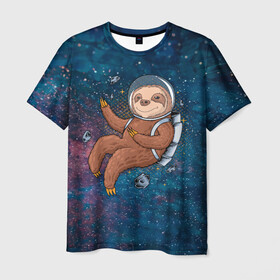 Мужская футболка 3D с принтом Милый ленивец в космосе в Кировске, 100% полиэфир | прямой крой, круглый вырез горловины, длина до линии бедер | nasa | космонавт | космос | ленивец | метеориты | милый | наса