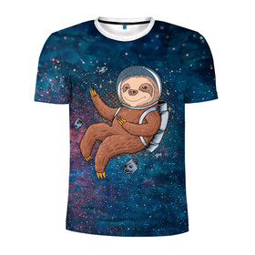 Мужская футболка 3D спортивная с принтом Милый ленивец в космосе в Кировске, 100% полиэстер с улучшенными характеристиками | приталенный силуэт, круглая горловина, широкие плечи, сужается к линии бедра | nasa | космонавт | космос | ленивец | метеориты | милый | наса