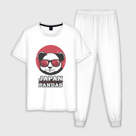 Мужская пижама хлопок с принтом Japan Kingdom of Pandas в Кировске, 100% хлопок | брюки и футболка прямого кроя, без карманов, на брюках мягкая резинка на поясе и по низу штанин
 | art | japanese | panda | retro look | style | vintage look | арт | винтаж | винтажный стиль | кингдом | королевство | королевство панд | крутая панда в очках | панда | пандочка | ретро стиль | рисунок панды | япония | 