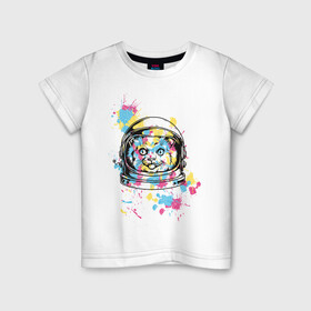 Детская футболка хлопок с принтом Космокот в Кировске, 100% хлопок | круглый вырез горловины, полуприлегающий силуэт, длина до линии бедер | астронавт | вселенная | кляксы | космонавт | космонавтика | космос | краска | полёт | разноцветный | скафандр | шлем